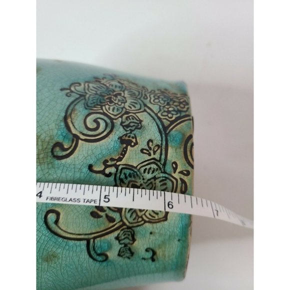 Engraved Etched Flower Green Clay Planter Modern - Picture 5 of 6